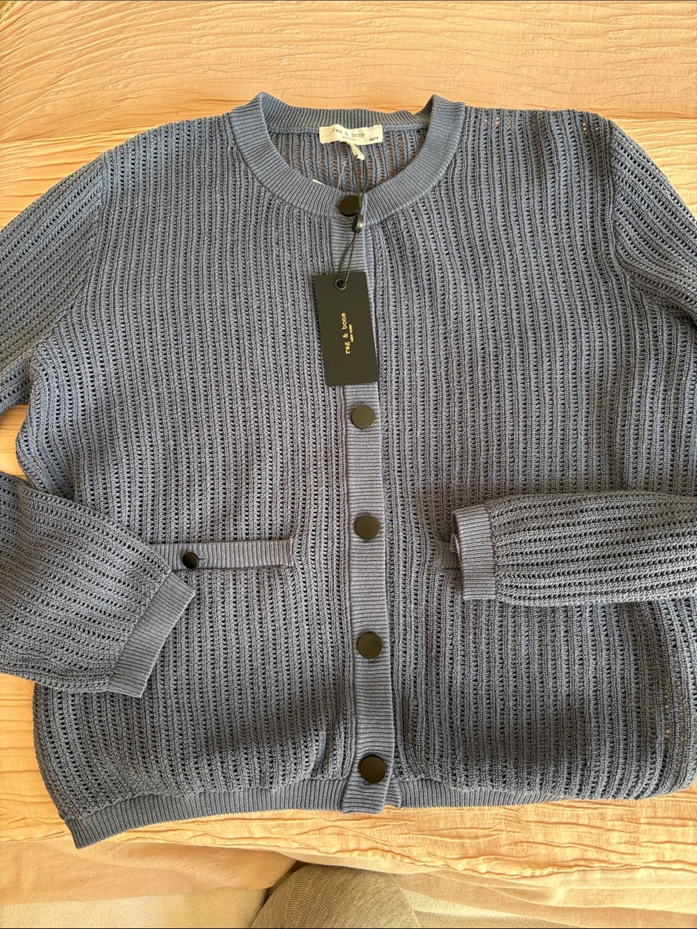 Rag & Bone Open-Knit Crewneck Cardigan - Slate Blue